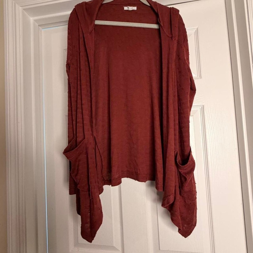 Maurices Womens Rust Red Hooded Open Front Cardigan Clip Dot Waffle Knit Small